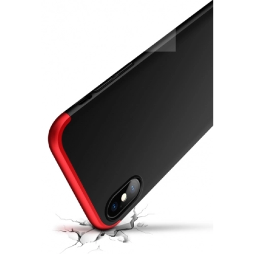Apple iPhone X Kılıf 3 Parçalı 360 Tam Korumalı Rubber Kapak - Kırmızı - Siyah