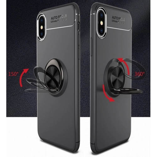 Apple iPhone X Kılıf Renkli Silikon Yüzüklü Standlı Auto Focus Ravel Kapak - Kırmızı - Siyah