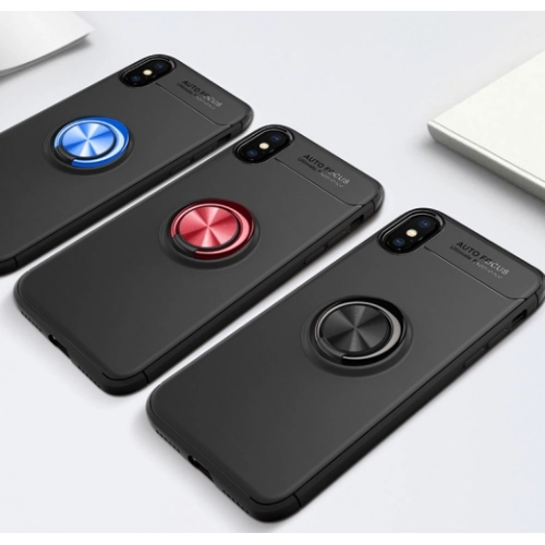 Apple iPhone X Kılıf Renkli Silikon Yüzüklü Standlı Auto Focus Ravel Kapak - Kırmızı - Siyah