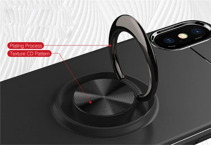 Apple iPhone X Kılıf Auto Focus Serisi Soft Premium Standlı Yüzüklü Kapak - Kırmızı - Siyah