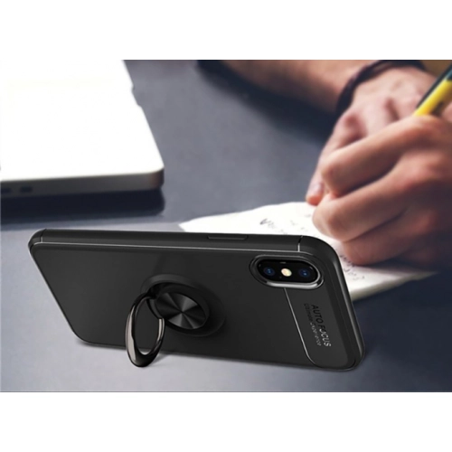 Apple iPhone X Kılıf Renkli Silikon Yüzüklü Standlı Auto Focus Ravel Kapak - Siyah