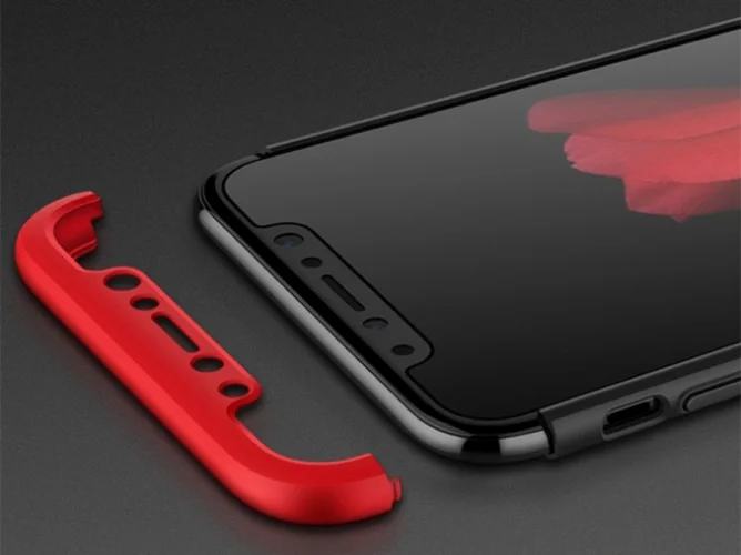 Apple iPhone Xs Max Kılıf 3 Parçalı 360 Tam Korumalı Rubber AYS Kapak  - Kırmızı - Siyah