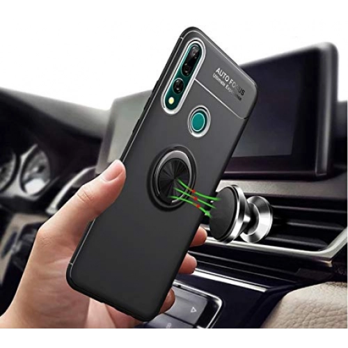 Honor 9x Kılıf Renkli Silikon Yüzüklü Standlı Auto Focus Ravel Kapak - Kırmızı - Siyah