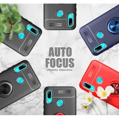 Huawei Honor 10 Lite Kılıf Renkli Silikon Yüzüklü Standlı Auto Focus Ravel Kapak - Kırmızı - Siyah