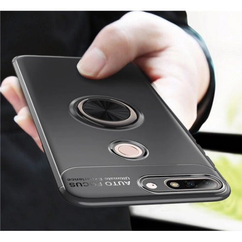 Huawei Honor 7C Kılıf Renkli Silikon Yüzüklü Standlı Auto Focus Ravel Kapak - Kırmızı - Siyah