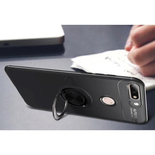 Huawei Honor 7C Kılıf Renkli Silikon Yüzüklü Standlı Auto Focus Ravel Kapak - Kırmızı - Siyah