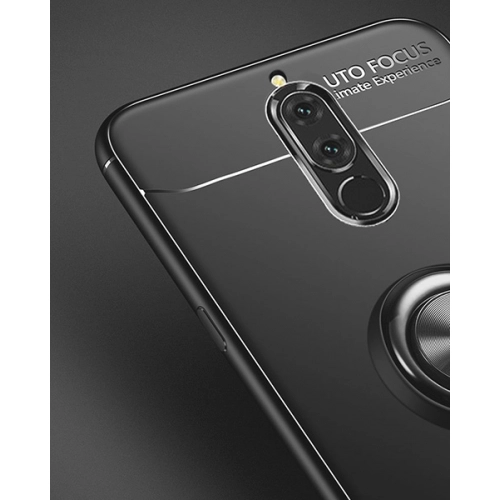 Huawei Mate 10 Lite Kılıf Renkli Silikon Yüzüklü Standlı Auto Focus Ravel Kapak - Siyah