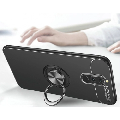 Huawei Mate 10 Lite Kılıf Renkli Silikon Yüzüklü Standlı Auto Focus Ravel Kapak - Siyah