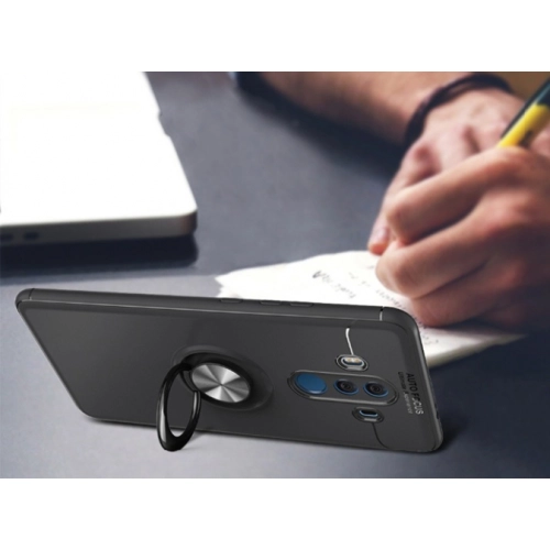 Huawei Mate 10 Pro Kılıf Renkli Silikon Yüzüklü Standlı Auto Focus Ravel Kapak - Mavi - Siyah