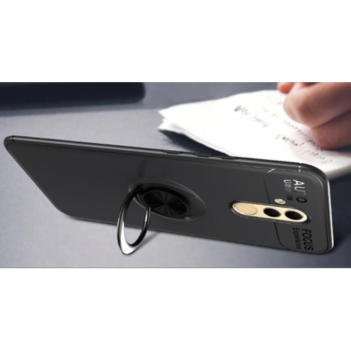 Huawei Mate 20 Lite Kılıf Renkli Silikon Yüzüklü Standlı Auto Focus Ravel Kapak - Mavi - Siyah