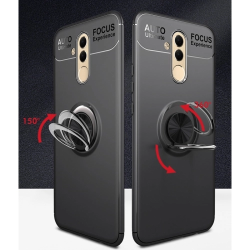 Huawei Mate 20 Lite Kılıf Renkli Silikon Yüzüklü Standlı Auto Focus Ravel Kapak - Mavi - Siyah