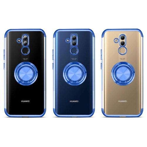 Huawei Mate 20 Lite Kılıf Renkli Köşeli Yüzüklü Standlı Lazer Şeffaf Esnek Silikon - Mavi