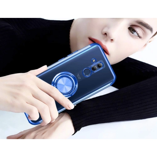 Huawei Mate 20 Lite Kılıf Renkli Köşeli Yüzüklü Standlı Lazer Şeffaf Esnek Silikon - Gold