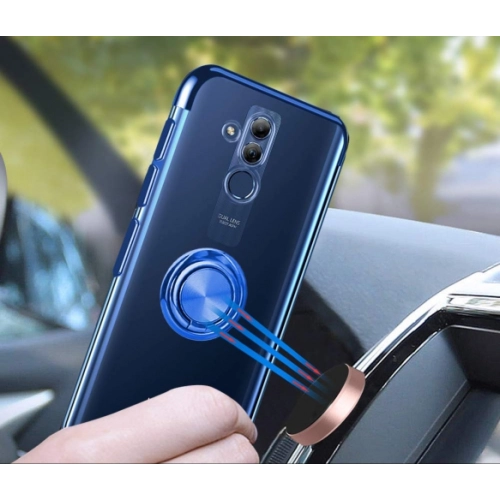 Huawei Mate 20 Lite Kılıf Renkli Köşeli Yüzüklü Standlı Lazer Şeffaf Esnek Silikon - Gold