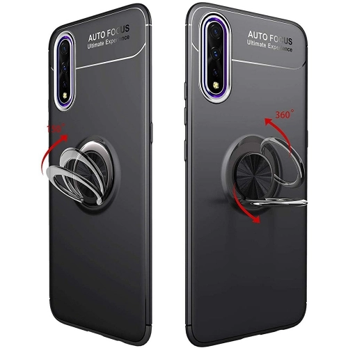 Huawei P Smart Pro 2019 Kılıf Renkli Silikon Yüzüklü Standlı Auto Focus Ravel Kapak - Kırmızı - Siyah