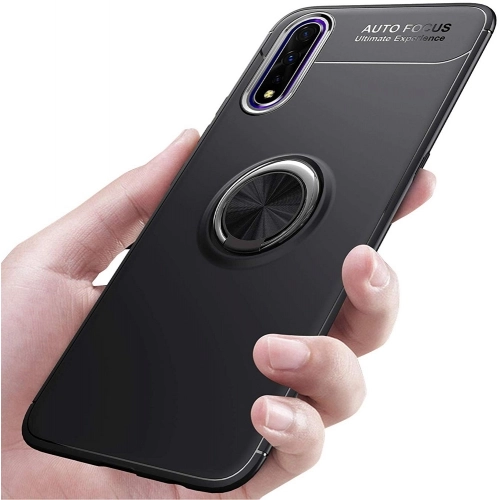 Huawei P Smart Pro 2019 Kılıf Renkli Silikon Yüzüklü Standlı Auto Focus Ravel Kapak - Kırmızı - Siyah