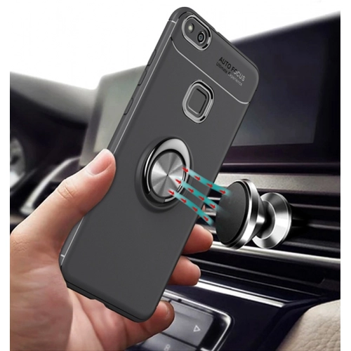 Huawei P10 Lite Kılıf Renkli Silikon Yüzüklü Standlı Auto Focus Ravel Kapak - Kırmızı - Siyah