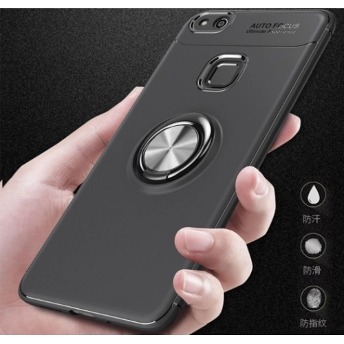 Huawei P10 Lite Kılıf Renkli Silikon Yüzüklü Standlı Auto Focus Ravel Kapak - Kırmızı - Siyah