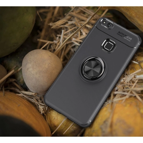 Huawei P10 Lite Kılıf Renkli Silikon Yüzüklü Standlı Auto Focus Ravel Kapak - Kırmızı - Siyah