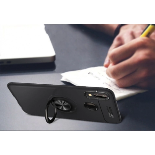 Huawei P20 Lite Kılıf Renkli Silikon Yüzüklü Standlı Auto Focus Ravel Kapak - Mavi - Siyah