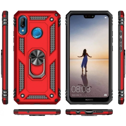 Huawei P20 Lite Kılıf Silikon Zırhlı Standlı Yüzüklü Mıknatıslı Tank Kapak - Gri