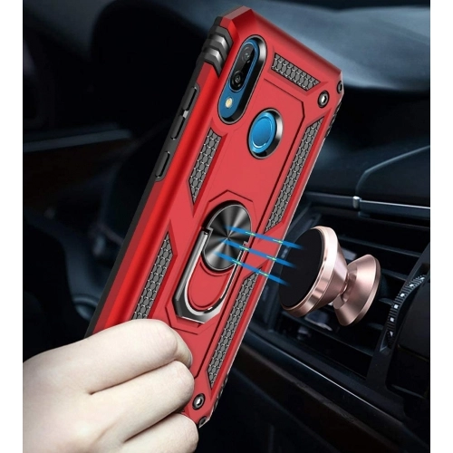 Huawei P20 Lite Kılıf Silikon Zırhlı Standlı Yüzüklü Mıknatıslı Tank Kapak - Gri