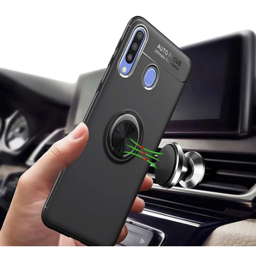 Huawei P30 Lite Kılıf Renkli Silikon Yüzüklü Standlı Auto Focus Ravel Kapak - Siyah