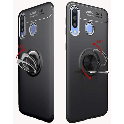 Huawei P30 Lite Kılıf Renkli Silikon Yüzüklü Standlı Auto Focus Ravel Kapak - Mavi - Siyah