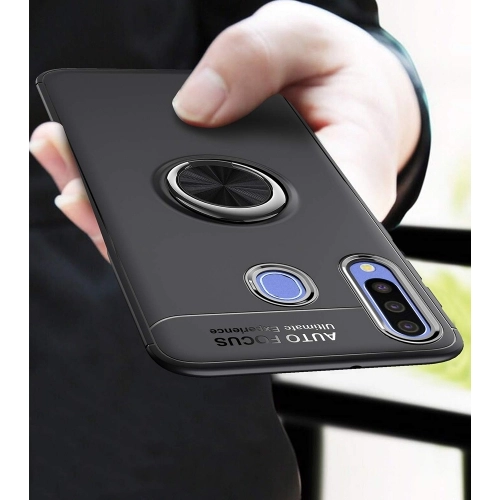 Huawei P30 Lite Kılıf Renkli Silikon Yüzüklü Standlı Auto Focus Ravel Kapak - Mavi - Siyah