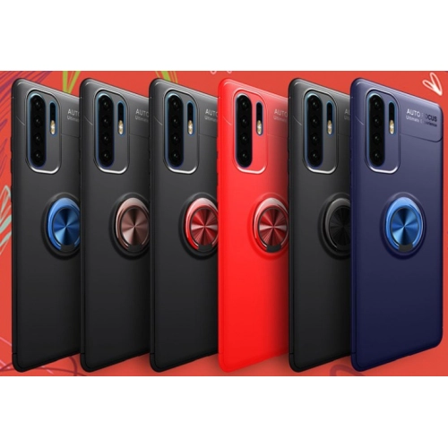 Huawei P30 Kılıf Renkli Silikon Yüzüklü Standlı Auto Focus Ravel Kapak - Mavi - Siyah