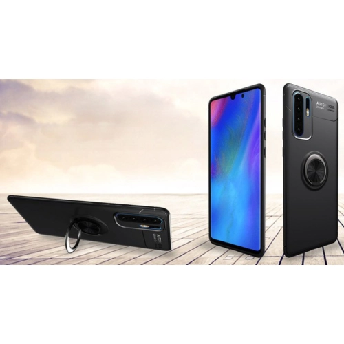 Huawei P30 Kılıf Renkli Silikon Yüzüklü Standlı Auto Focus Ravel Kapak - Mavi - Siyah