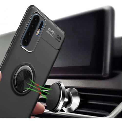 Huawei P30 Pro Kılıf Renkli Silikon Yüzüklü Standlı Auto Focus Ravel Kapak - Siyah