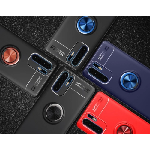 Huawei P30 Kılıf Renkli Silikon Yüzüklü Standlı Auto Focus Ravel Kapak - Mavi - Siyah