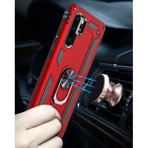 Huawei P30 Pro Kılıf Silikon Zırhlı Standlı Yüzüklü Mıknatıslı Tank Kapak - Gri