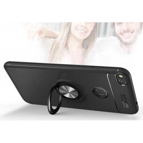 Huawei P9 Lite (2017) Kılıf Renkli Silikon Yüzüklü Standlı Auto Focus Ravel Kapak - Kırmızı - Siyah