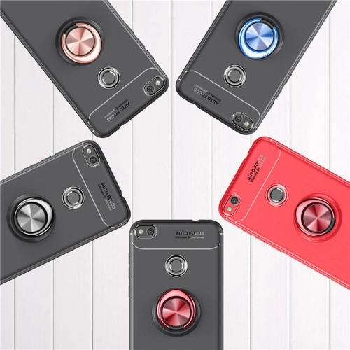 Huawei P9 Lite (2017) Kılıf Renkli Silikon Yüzüklü Standlı Auto Focus Ravel Kapak - Mavi - Siyah