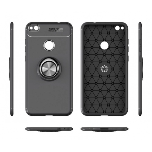 Huawei P9 Lite (2017) Kılıf Renkli Silikon Yüzüklü Standlı Auto Focus Ravel Kapak - Mavi - Siyah