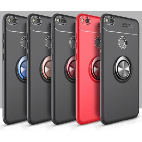 Huawei P9 Lite (2017) Kılıf Renkli Silikon Yüzüklü Standlı Auto Focus Ravel Kapak - Kırmızı - Siyah