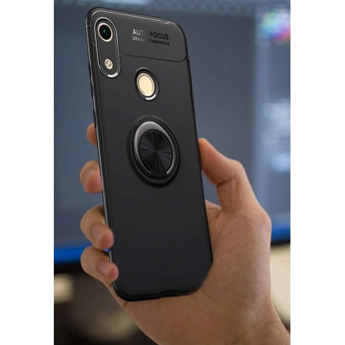 Huawei Y6s Kılıf Renkli Silikon Yüzüklü Standlı Auto Focus Ravel Kapak - Mavi - Siyah