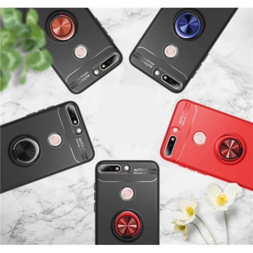 Huawei Y7 2018 Kılıf Renkli Silikon Yüzüklü Standlı Auto Focus Ravel Kapak - Kırmızı - Siyah