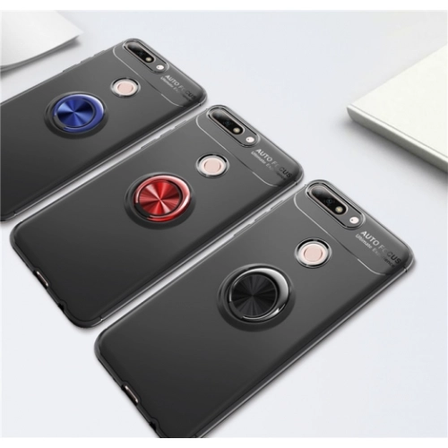 Huawei Y7 2018 Kılıf Renkli Silikon Yüzüklü Standlı Auto Focus Ravel Kapak - Kırmızı - Siyah