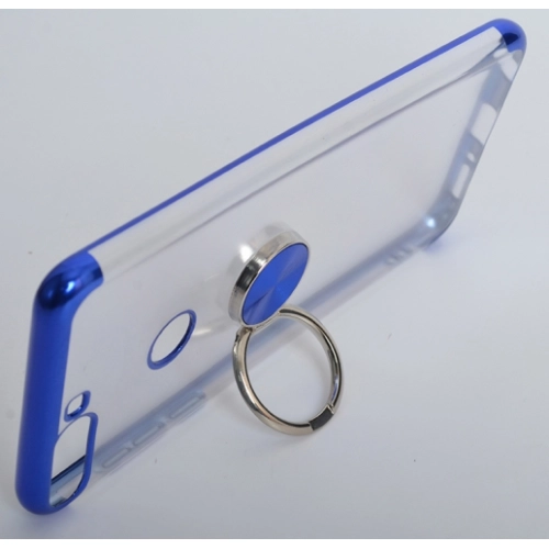 Huawei Y7 2018 Kılıf Renkli Köşeli Yüzüklü Standlı Lazer Şeffaf Esnek Silikon - Mavi