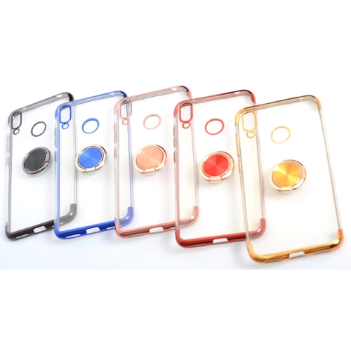 Huawei Y7 2019 Kılıf Renkli Köşeli Yüzüklü Standlı Lazer Şeffaf Esnek Silikon - Gold