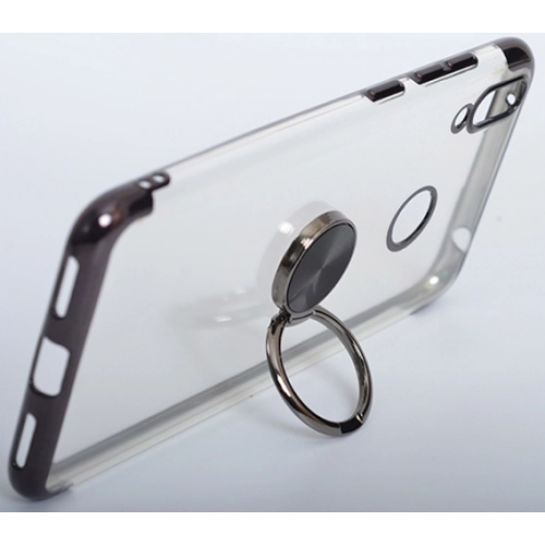 Huawei Y7 2019 Kılıf Renkli Köşeli Yüzüklü Standlı Lazer Şeffaf Esnek Silikon - Gold