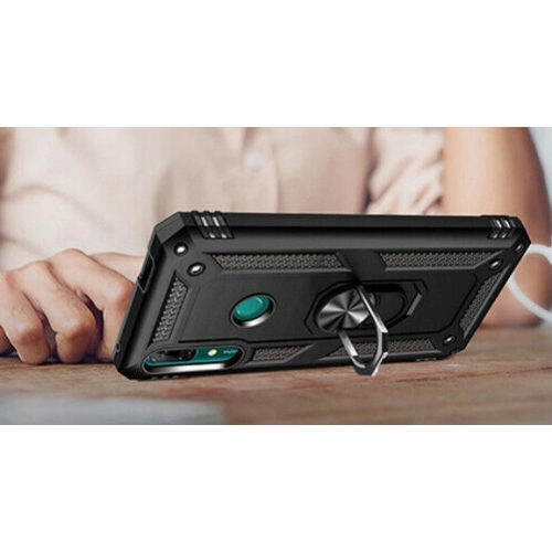 Huawei Y9 Prime 2019 Kılıf Silikon Zırhlı Standlı Yüzüklü Mıknatıslı Tank Kapak - Siyah