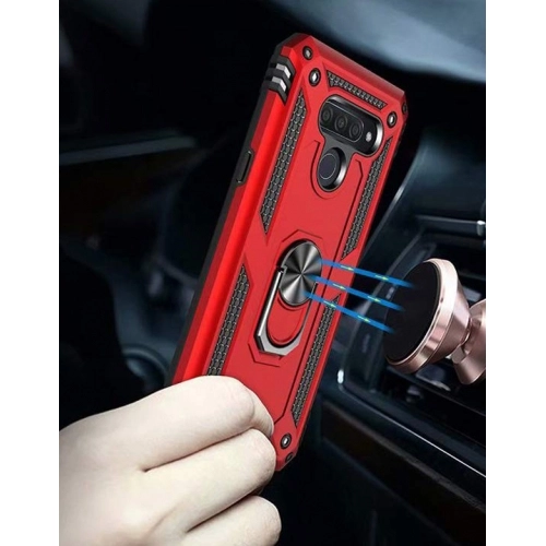 LG Q60 Kılıf Silikon Zırhlı Standlı Yüzüklü Mıknatıslı Tank Kapak - Siyah