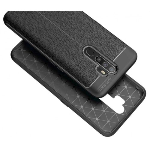 Oppo A5 2020 Kılıf Deri Görünümlü Lüks Parmak İzi Bırakmaz Niss Silikon Kapak - Siyah