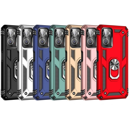 Oppo A96 4G Kılıf Silikon Zırhlı Standlı Yüzüklü Mıknatıslı Tank Kapak - Gümüş