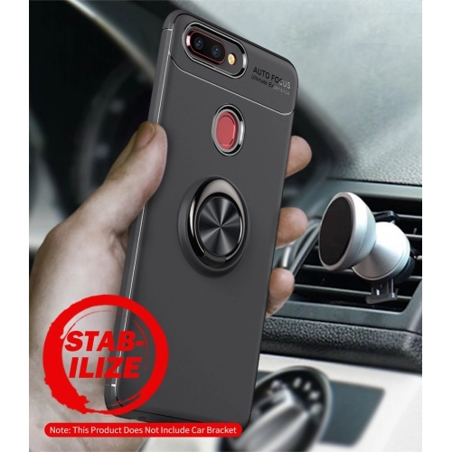 Oppo AX7 Kılıf Renkli Silikon Yüzüklü Standlı Auto Focus Ravel Kapak - Kırmızı - Siyah