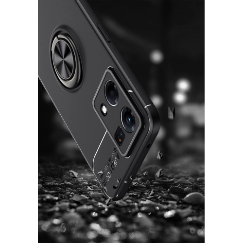 Oppo Reno 7 Kılıf Renkli Silikon Yüzüklü Standlı Auto Focus Ravel Kapak - Mavi - Siyah